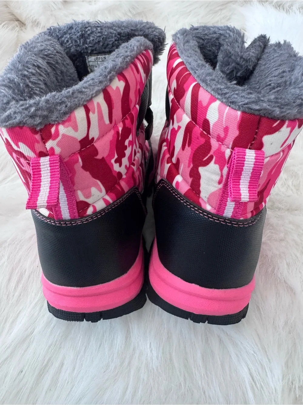 Kids Pink Camo Insulated Snow Boots with Faux Fur Lining